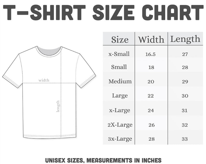 May include: T-shirt size chart with a diagram of a t-shirt showing width and length measurements. The chart lists sizes from x-small to 3x-large with corresponding width and length measurements in inches.