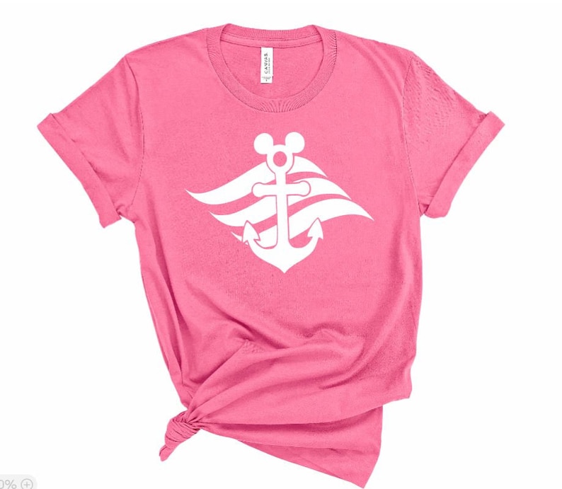May include: Pink t-shirt with a white anchor and Mickey Mouse ears. The anchor has three waves behind it.