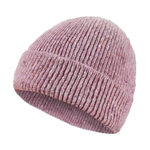 May include: A pink knitted beanie with a flecked texture.