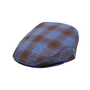 May include: A blue and brown checked flat cap with a button on the side.