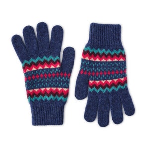 May include: A pair of blue knitted gloves with a colorful geometric pattern. The gloves have a textured knit and a folded cuff.