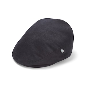 May include: A black wool flat cap with a small silver button on the side.