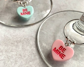 Wine Glass Charms—Valentine "Be Mine" Couples Conversations Hearts in Assorted Colors (Set of 2)
