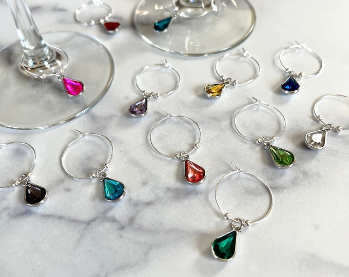 Wine Glass Charms—Multiple Colored Silver Teardrop Glass Gems (Set of 12)