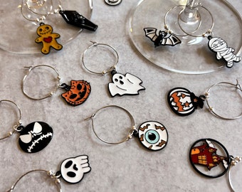 Wine Glass Charms—Halloween Silver and Black Enamel Assorted Charms (Set of 12)