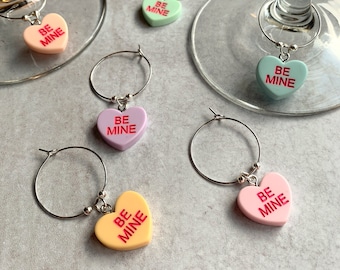 Wine Glass Charms—Valentine "Be Mine" Conversations Hearts (Set of 6)