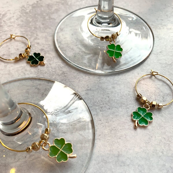 Wine Glass Charms—Lucky Green Shamrock Enamel Charms (Set of 4)