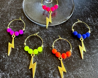 Wine Glass Charms—Neon Lightning Bolts (Beads Glows Under Blacklight) (Set of 5)