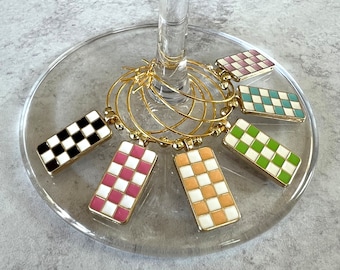 Wine Glass Charms—Gold Checkerboard Charms in Assorted Colors (Set of 6)
