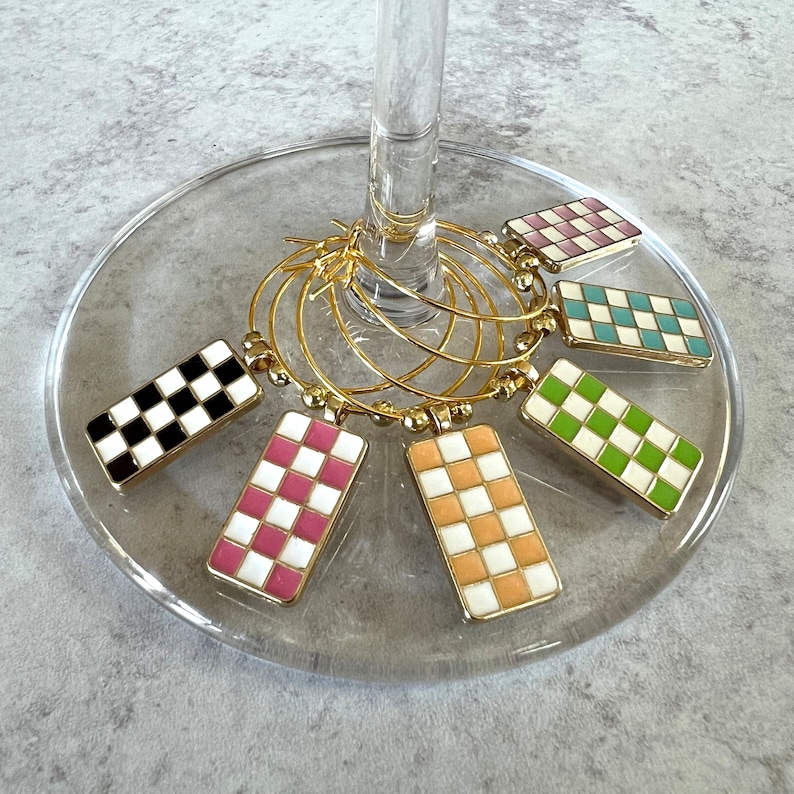 Wine Glass Charms—Gold Checkerboard Charms in Assorted Colors (Set of 6)