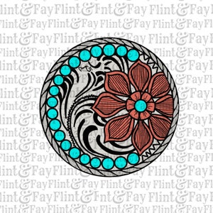 May include: A turquoise and silver concho with a red flower design. The concho has a beaded border and a floral pattern.