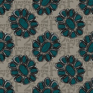 Könnte beinhalten: Ein nahtloses Muster mit tealblauen und silbernen geometrischen Formen, die an stilisierte Blumen erinnern. Der Hintergrund ist hellbraun mit dem Text "FLINT&FAY", der sich wiederholt.