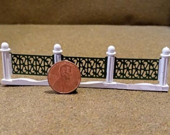 Miniature Green Fence With White Post for Lemax, Dept 56, Spooky Town, Halloween Village, Dollhouse, Fairy Garden Model Railroad Train