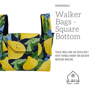May include: A square-bottom walker bag with a vibrant lemon and leaf pattern. The bag has a flap closure and two pockets. The text on the image reads "Walker Bags - Square Bottom".