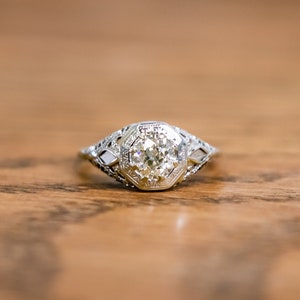 Art Deco Ring | Vintage Engagement Ring | Old Mine Cut Diamond Ring | 14K White Gold
