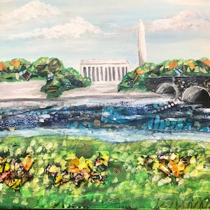 The National Mall from Virginia 11x14 fabric acrylic on wood  Washington DC