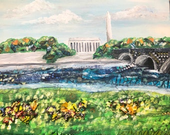 The National Mall from Virginia 11x14 fabric acrylic on wood  Washington DC