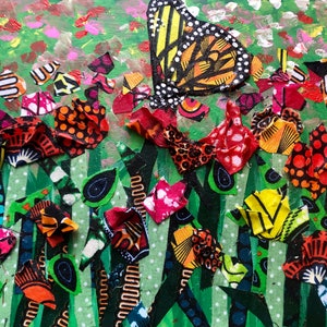 Flowers butterfly painting 9x12 fabric acrylic on wood 3D