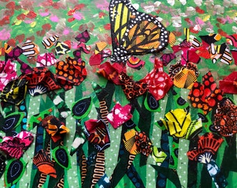 Flowers butterfly painting 9x12 fabric acrylic on wood 3D