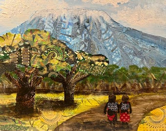 Kilimanjaro painting collage mixed media acrylic cloth