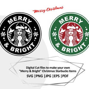 Merry & Bright Starbucks kerstmuts, sticker Silhouette Cameo Cricut gesneden bestand clipart png eps vector, digitale download