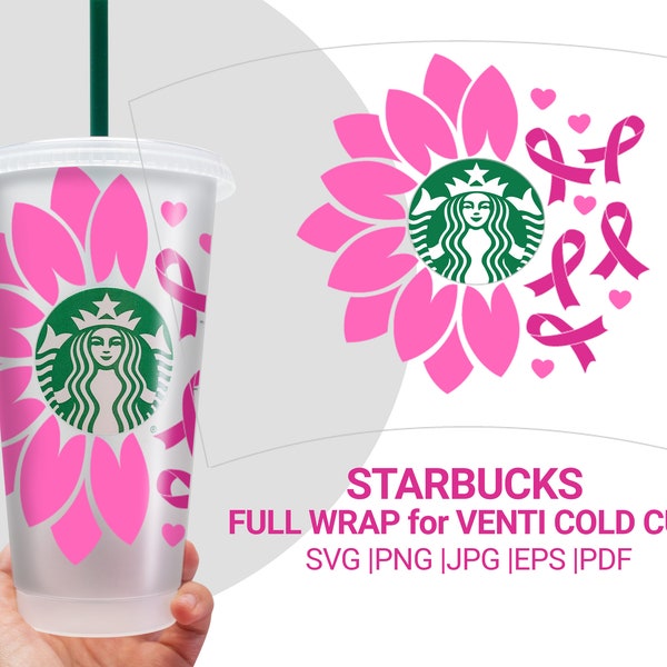 Pink Ribbon SVG Sunflower SVG Starbucks Cup Svg, Breast Cancer Sunflower SVG Starbucks Cold Cup, Starbucks Venti 24oz Digital Download