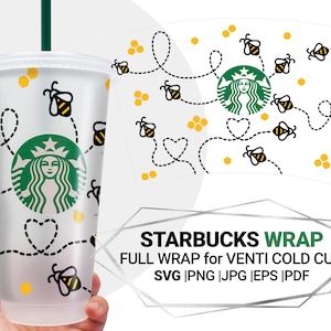 Bumble bee, dotted lines, Honey bee svg, Bee Love, Full Wrap  for Starbucks cold cup 24 oz., SVG ,PNG files for Cricut, Digital download