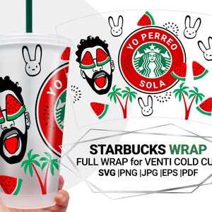 Cute Bad bunny svg for Starbucks Venti Cold Cup 24 Oz Watermelon Palm tree Layered Silhouette Cricut Cutting Sublimation Instant Download