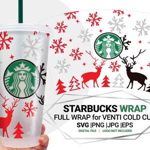 Christmas Wrap, Deer full wrap, Snowflake, Venti Cold Cup svg 24 Oz, Snow Cut file