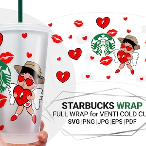 Valentines wrap, Angel Svg, Heart cut files, Valentines day Wrap Svg For Starbucks Venti Cold Cup 24 Oz, inspired by Bad Bunny