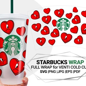 Heart Bad Bunny Día de San Valentín Svg para Starbucks Venti Cold Cup 24 Oz, Starbucks full wrap svg, en capas