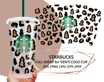 Pełne opakowanie w panterkę, świąteczny kubek Starbucks Cold Cup SVG, kubek ze zwierzęcym nadrukiem SVG, pełne opakowanie na kubek Starbucks Venti Cold Cup, pliki dla Cricut