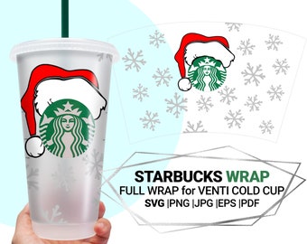 Opakowanie Starbucks svg, czapka Mikołaja Starbucks, pełne opakowanie płatków śniegu, wesołych świąt svg, kubek świąteczny, kubek Venti Cold svg, 24 uncje, plik do cięcia