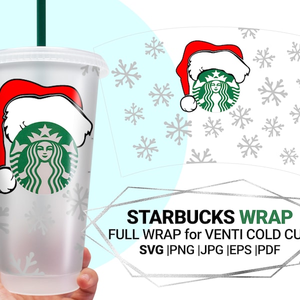 Starbucks wrap svg, Santa Hat Starbucks, Snowflakes full wrap, Merry christmas svg, Christmas tumbler, Venti Cold cup svg, 24 Oz, cut file