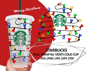 Lampki choinkowe myszy SVG, Lampki choinkowe SVG, Ucho Starbucks, Boże Narodzenie SVG, Cutfile, Pełne opakowanie dla Starbucks