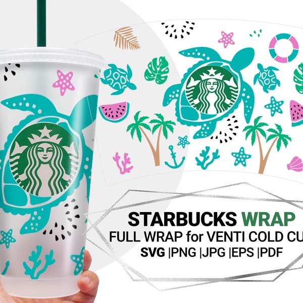 Tropical leaves SVG Turtle, Watermelon, Coral Reef Summer Vibes svg cup Palm tree Svg For Starbucks Venti Cold Cup 24 Oz, Starbucks wrap svg