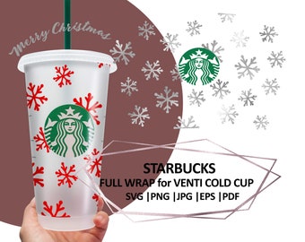 Płatki śniegu w opakowaniu, świąteczny kubek Starbucks Cold Cup SVG, Szczęśliwego Nowego Roku, Pełne opakowanie na kubek Starbucks Venti Cold Cup, Pliki dla Cricut