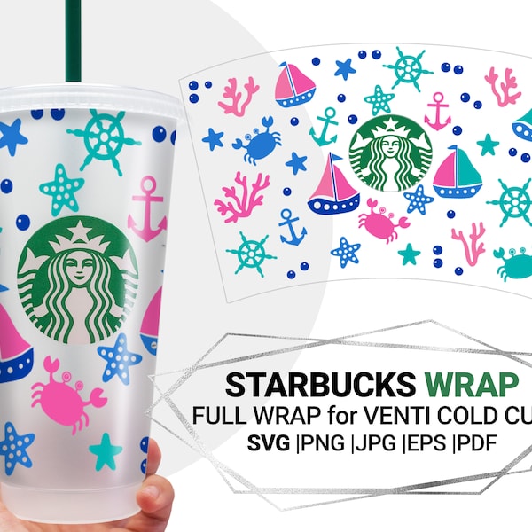 Nautical Svg For Starbucks Venti Cold Cup 24 Oz, Ships, Boats, Sea, Ocean, Coral reef, Starbucks wrap svg