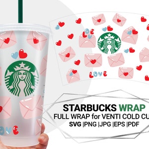 Envoltura de carta de amor, envoltura de sobre, envoltura del día de San Valentín, plantilla de corazones Svg para Starbucks Venti Cold Cup 24 Oz