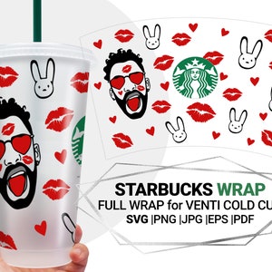 Kissed Bad Bunny Valentines day Svg For Starbucks Venti Cold Cup 24 Oz, Starbucks full wrap svg, Layered