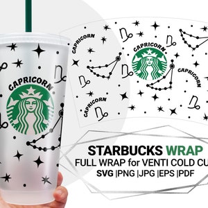 Capricornio Starbucks taza SVG, Astrología Starbucks Full Wrap Svg, Horóscopo Svg, Star Starbucks Wrap Svg para Cricut 24oz Venti Cold Cup