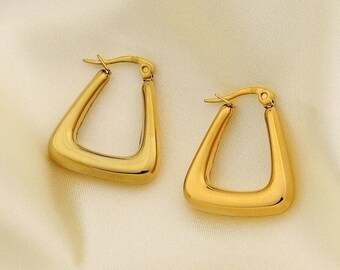 18K Gold Plated Trapezoid Hoop Earrings, Geometric Creole Hoops, Triangle Hoop Earrings, Huggie Earrings, Simple Gold Earrings, Gift For Her