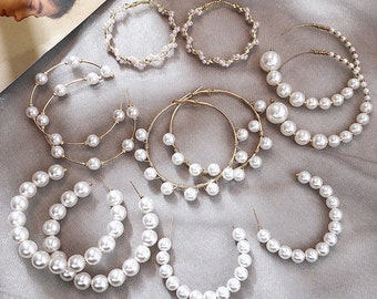 Pearl Hoop Earrings, White Round Pearl Earrings, Big Oversized Hoops, Statement Earrings, Bridal Earrings, Wedding Jewelry, Bridesmaid Gifts