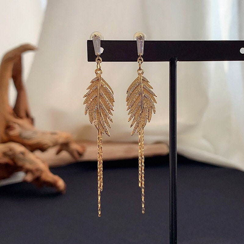 Crystal Leaf Drop Earrings Gold Leaves Dangle Earrings