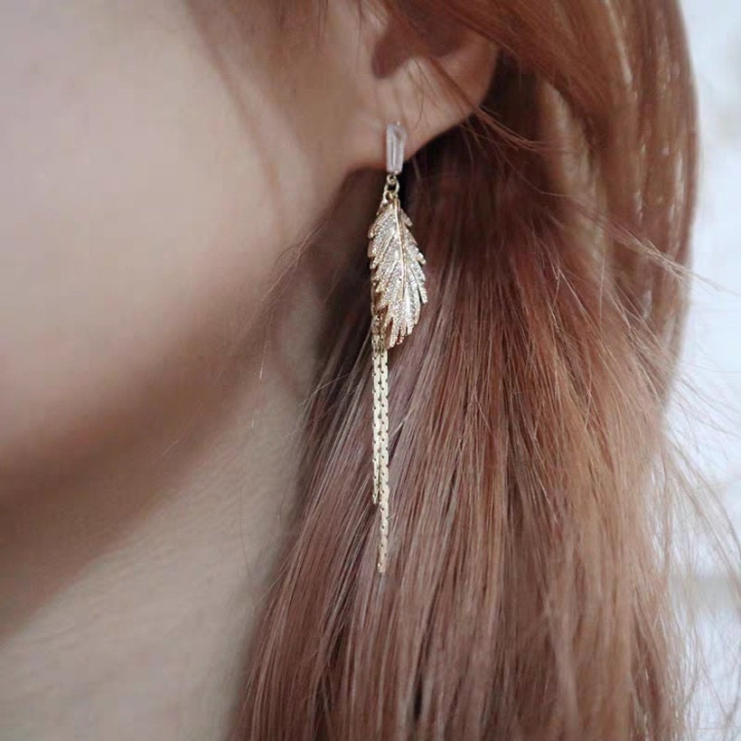 Crystal Leaf Drop Earrings Gold Leaves Dangle Earrings - Etsy