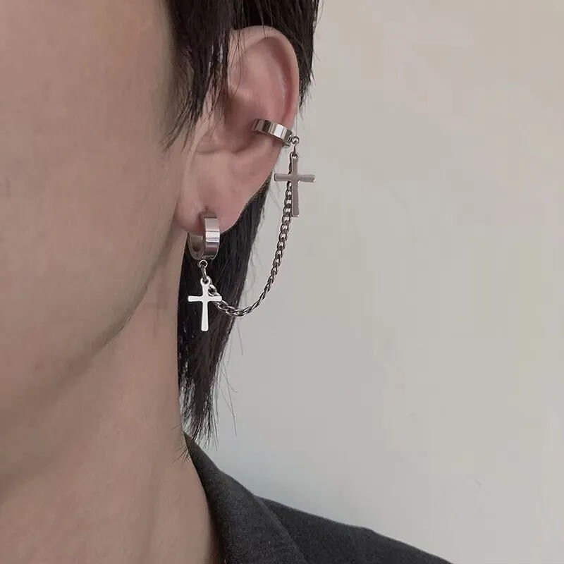 1Pc Black Cross Drop Earring with Chain Ear Cuff Trendy Women