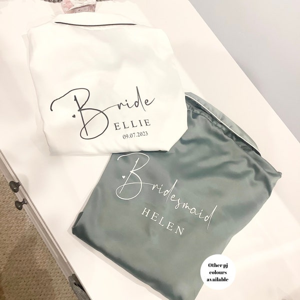 Personalised bridesmaid satin short pjs HELEN, Bridesmaid pjs, Green satin pj sets, bridal pjs, bride satin pyjamas, wedding pyjamas, pjs