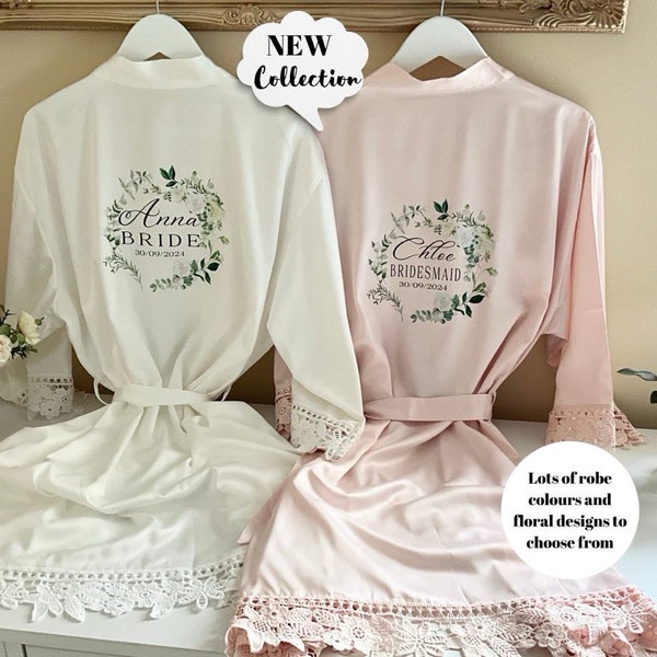 Personalised bridesmaid lace robes LAURA, Maid of honour robe, bride satin robe, wedding robes, silky dressing gown, floral robes, lace robe