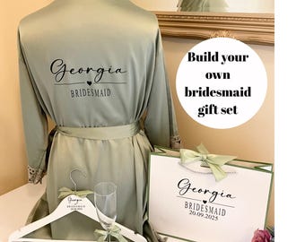 Personalised Bridesmaid Gift Set | Satin Robe, Hanger & Flute
