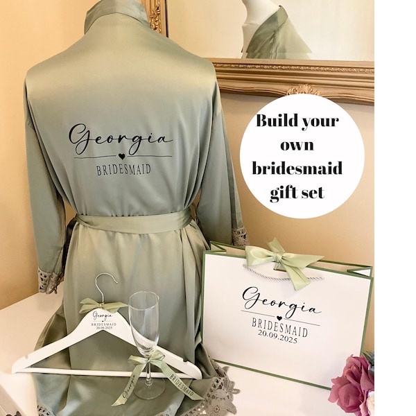 Personalised Bridesmaid Gift Set | Satin Robe, Hanger & Flute